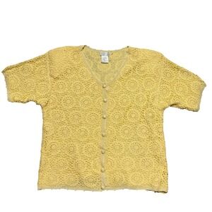 Sellecca Womens Yellow Crochet Lace Button Front Cardigan Short Sleeve Large